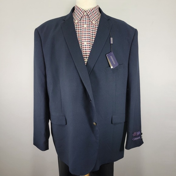 Adolfo Men's Sport Coat Blazer Two Button Navy Blue Polyester Blend 56R NEW